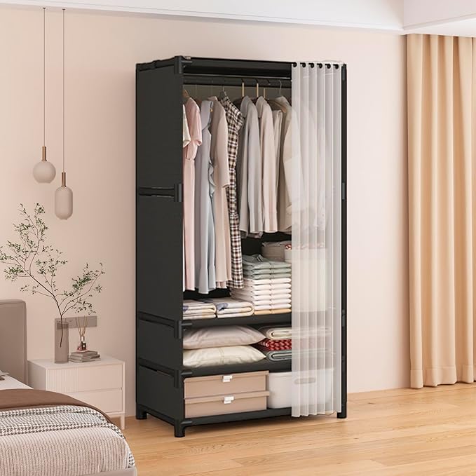 Portable Closet,Portable Closets for Hanging Clothes,Japanese Style Wardrobe with 1 Hanging Rods,2 Storage Shelves,27.5" L x 17.7" W x 65.1" H,Black