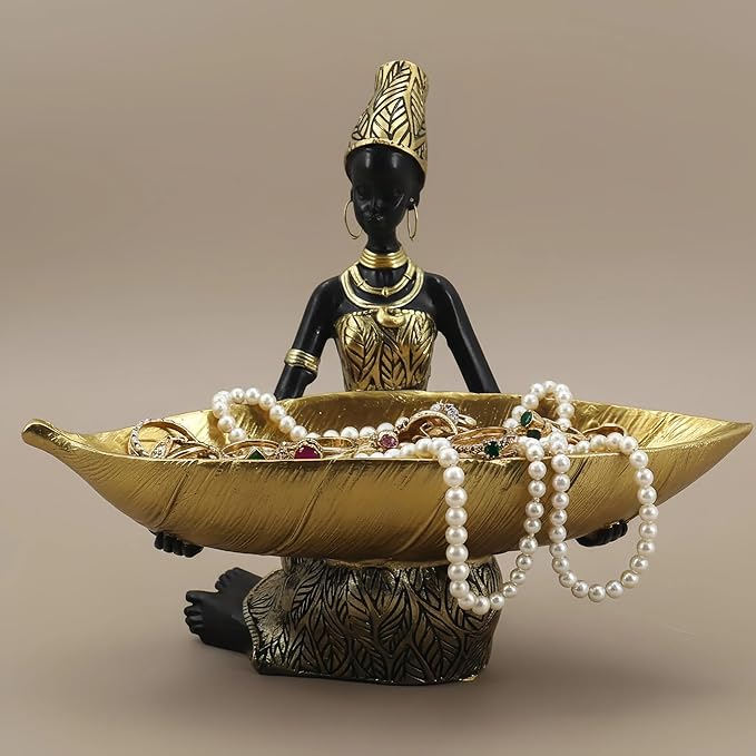 Lescafita African Woman Resin Tray Statue, Gold Leaf Decorative Sculpture, Handmade African Figurine Tray for Jewelry, Keys, Coins, Home Table Centerpiece Decor, Cultural Art Gift