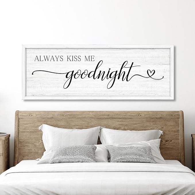 Always Kiss Me Goodnight Wall Sign Above Bed 41.3''×15'' Large Farmhouse Wall Decor for Bedroom Couples Room Decor Framed Wood Wall Art Rustic Master Bedroom Wall Decoration (white frame)