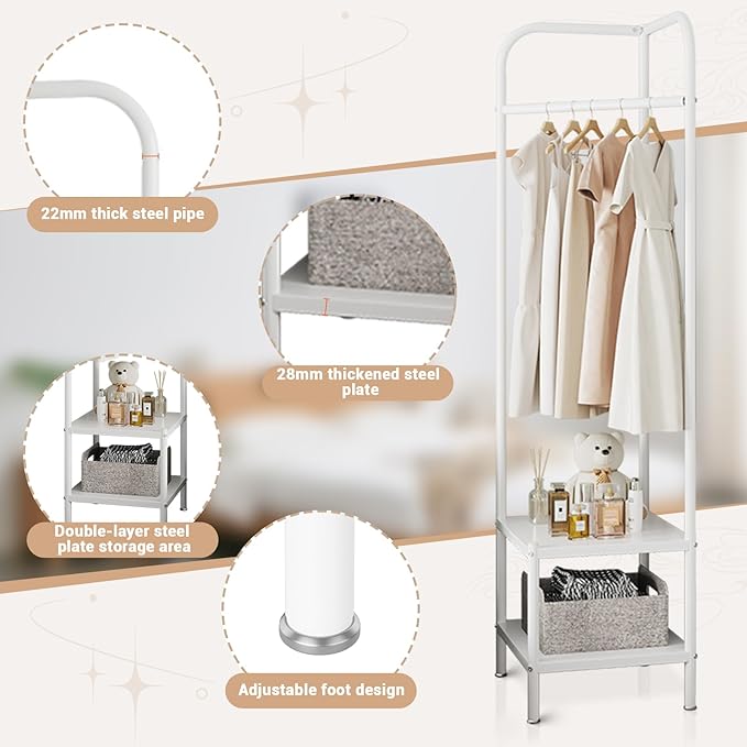 Corner Coat Racks, Heavy Duty Clothing Rack, Freestanding Garment Rack, Metal Clothes Racks Shoes Shelf Organizer for Entryway Bedroom, White
