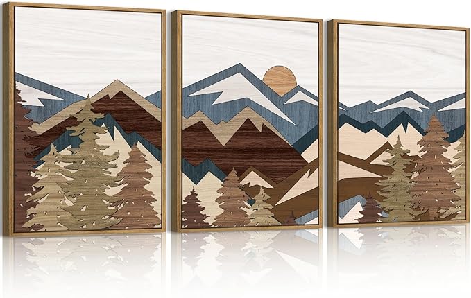 BINCUE Framed Mountain Wall Art Boho Landscape Wall Decor Mountain Artwork Boho Mountains Wall Pictures Landscape Paintings Rustic Farmhouse Decor for Office Living Room Bedroom Office 12" Lx16 W Set of 3