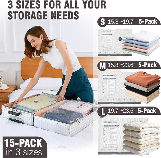 Vacuum Storage Bags for Travel, 15 Pack Vacuum Seal Bags for Clothing With Wireless Electric Pump, Space Saver Bags for Luggage, Clothes, Seasonal Storage- Vacuum Compression Bags Travel Essentials