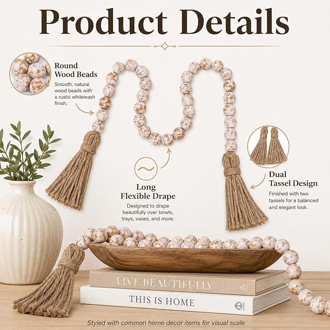 IMIKEYA Wooden Beads Garland: Farmhouse Wood Bead Garland with Tassels Boho Wall Hanging for Home Decor Tiered Tray Rustic Wood Prayer for Coffee Table Decor