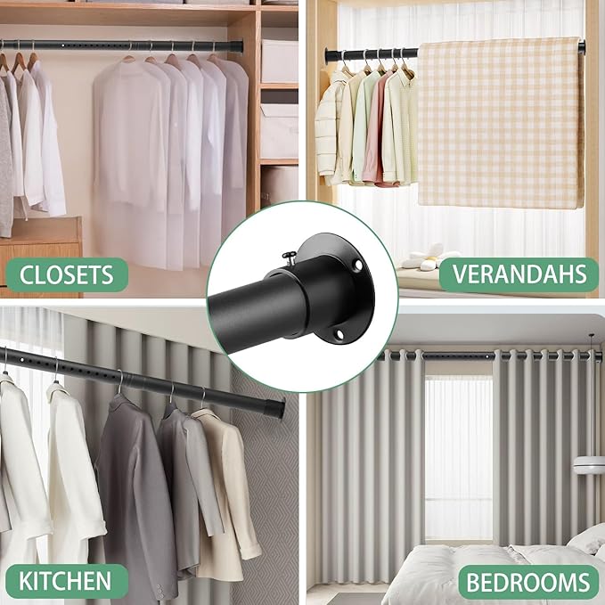 Closet Rods for Hanging Clothes, 1.3 Inch Diameter Heavy Duty Closet Rod 17-39 Inch Adjustable Clothes Hanging Bar Metal Black Shower Curtain Rods for Closet, Wardrobes, Bathroom, Windows