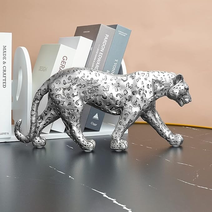 Cheetah Statue Home Decor Leopard Sculpture Resin Sitting Cheetah Figurine Desktop Table Top Ornament Decoration for Home Office-Gold Or Silver (Walking-Silver)