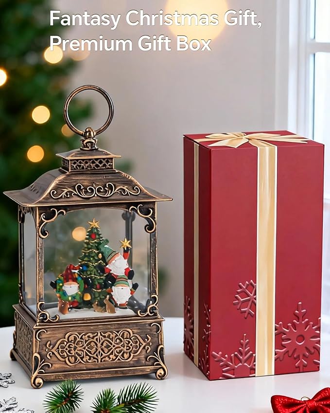 Musical Elf Christmas Tree Snow Globe - Electric Plastic Christmas Snow Globe Lantern, Lighted Glitter Globe with Swirling Sparkle and LED Lights, Holiday Decoration and Xmas Gift