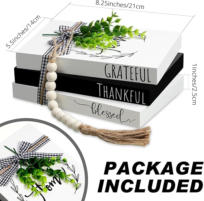 Capoda 3 Pcs Decorative Books for Home Decor Farmhouse Faux Stacked Books Wooden Rustic Table Decor with Bead Garland Twine Ribbon Faux Leaf for Table(Classic)