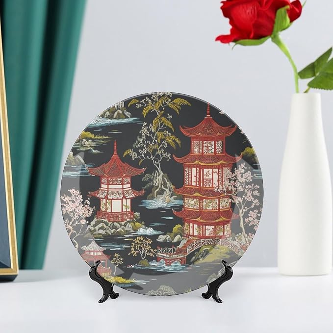 Chinoiserie Charcoal Coral Pagoda Asian Plates Ceramic, Personalized Handmade Decorative Plate for Kitchen Display Housewarming Gifts Decor, with 1 Display Stand Art Decorations for Household Table