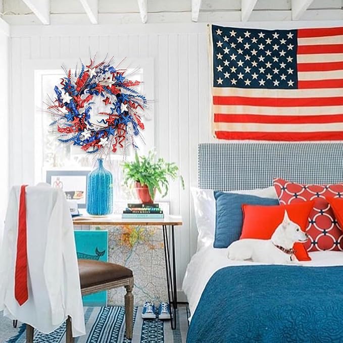 22-Inch Artificial 4th of July Wreath for Front Door - A Patriotic Masterpiece with Glitter Red White Blue Stars Tassels for Memorial Day Independence Day Indoor Outdoor Decor