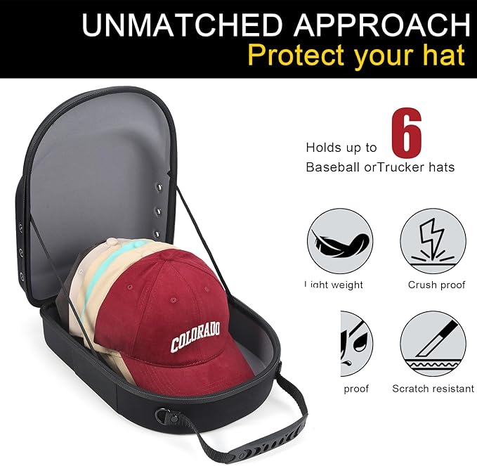Hard baseball hat case, Hat Carrier Travel Case with Adjustable Shoulder Strap, Hat cap case for 6 Baseball Caps - Perfect for Traveling & At-Home Storage (Black with Grey)