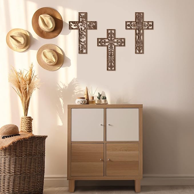Yookeer 3 Pcs Wooden Cross Wall Decor Cross Hanging Handmade Antique Religious Brown Wooden Home Decorations Hand Carved Wall Decor for Church Home Office Baptism Gift for Christian