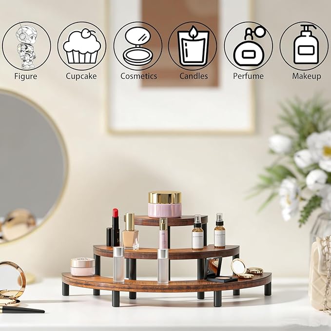3-Tier Wooden Display Risers, Rustic Cupcake Stand, Perfume Organizer, Dessert Table Display Set for Party & Home Decor (2 Pack Brown)