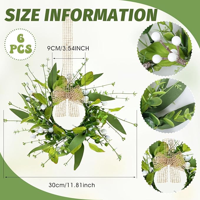 6 PCS Spring Summer Eucalyptus Kitchen Cabinet Wreaths Small Artificial Green Eucalyptus Leaf Wreath for Front Door with Ribbon Boxwood Mini Wreath for Porch Wall Window Farmhouse Wall Home Decor