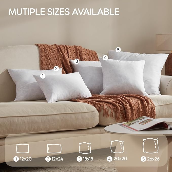 Feather Throw Pillow Inserts Set of 4, Soft Fluffy Rectangle 12 x 20 Inches Decorative Pillow Insert, Feather and Down Filled Euro Pillows for Bed, Couch and Cushion