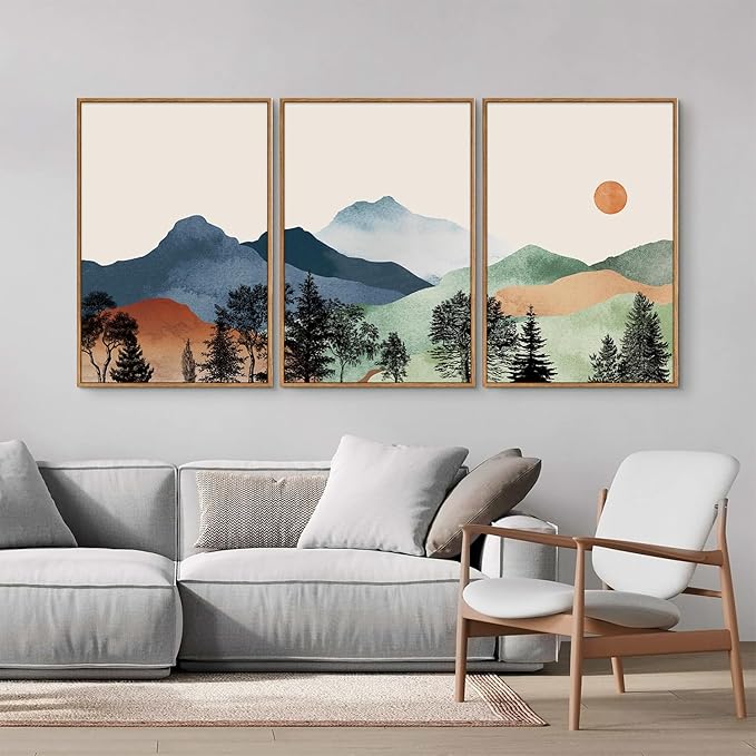 SIGNINART Boho Mountain Framed Canvas Wall Art Set of 3, Watercolor Nature Landscape Art Prints, Modern Sunrise Art Paintings, Green Forest Wall Decor for Living Room, Bedroom, Office 24"x36"x3