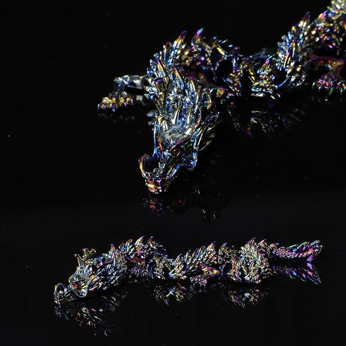LIYAOLI Large Metal 3D Printed Articulated Chinese Dragon Figurine Statue Bookshelf Decor 15 Inch Three Color Flexible Joints Luck Dragon for Home Office Desk Decoration