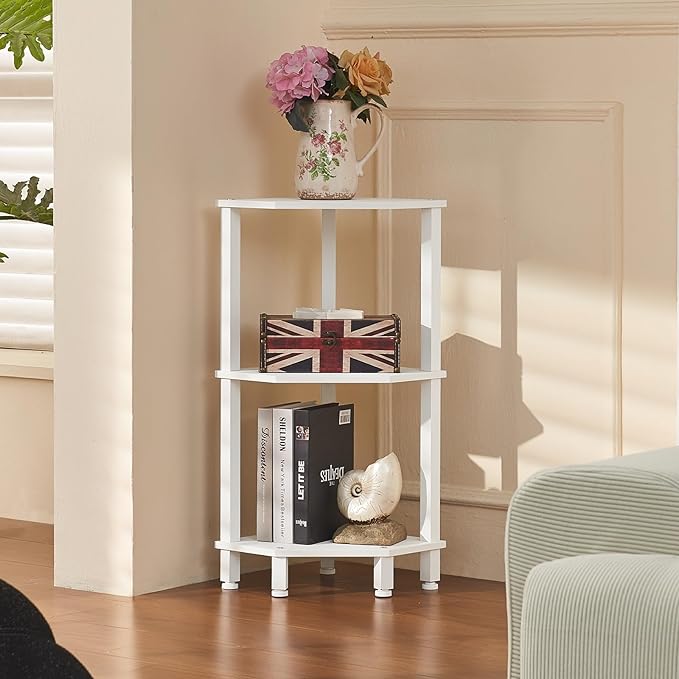 YUFAM 3-Tier Corner Shelf with Sturdy 5-Leg Base, Wooden Corner Bookshelf for Small Spaces, Small Corner Table for Living Room, Bedroom, Office, White