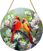 Harooni Spring Summer Birds Welcome Door Sign for Front Door Decor,Spring Pink Floral Round Wood Hanger Wreath for Outside Farmhouse Wooden Wreath for Porch Wall Hanging Sign Plaque Decoration 12"x12"