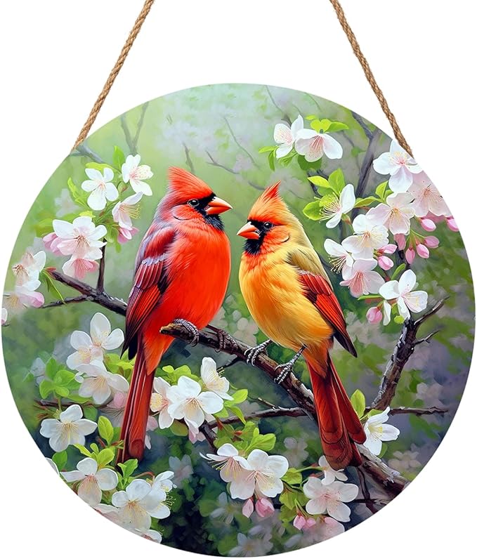 Harooni Spring Summer Birds Welcome Door Sign for Front Door Decor,Spring Pink Floral Round Wood Hanger Wreath for Outside Farmhouse Wooden Wreath for Porch Wall Hanging Sign Plaque Decoration 12"x12"