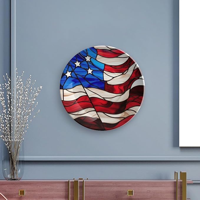 Decorative Plates for Home Decor, Blue Red USA Flag Stained Glass Painting Decor Tray for Table Display, Ceramic Dinner Plate W/ Stand, Living Room Dining Room Decor, Gifts for Patriotic, 7 Inch