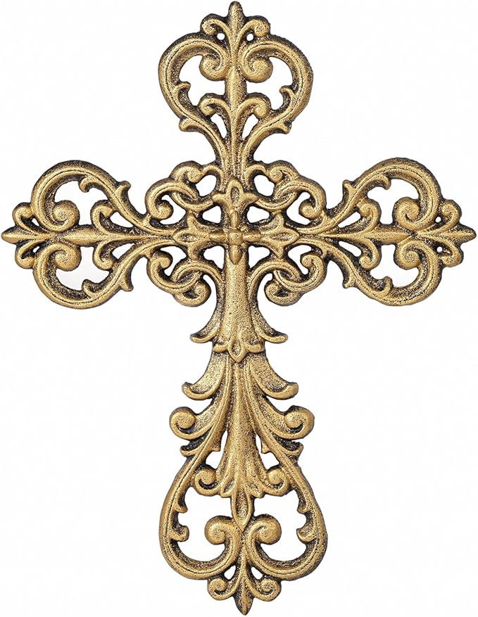 Sungmor Vintage Cast Iron Cross Wall Decor, 13.8" Tall Heavy Duty Rustic Gold Finish Wall Sculpture,Ornate Metal Art Farmhouse Home Decor
