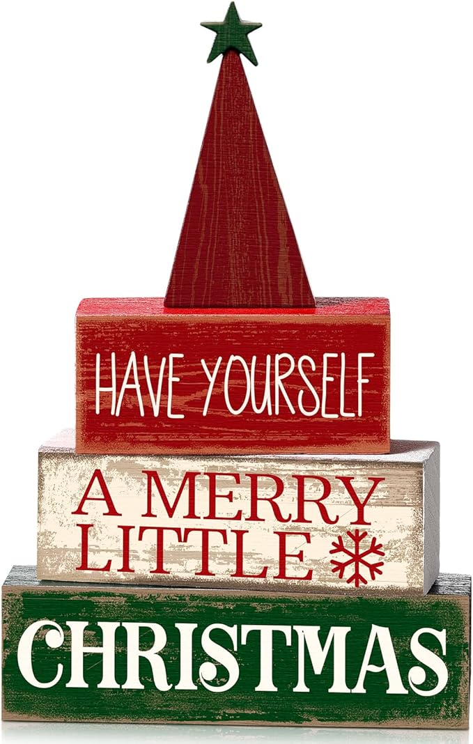 Moucuny 4 Pcs Christmas Decor Wooden Christmas Tree Winter Tiered Tray Decor Xmas Table Centerpiece Rustic Decorative Tree Block Signs Gift Farmhouse Winter Table Decoration for Home Kitchen