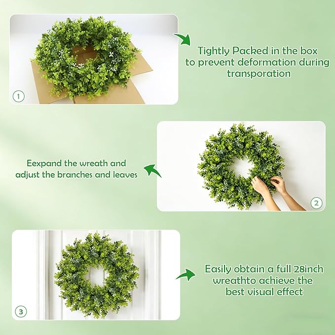 Large Boxwood Wreath for Front Door, 28" Artificial Spring and Summer Greenery Wreathwith White Flower Buds, All-Season Home Decor for Walls, Windows, Parties, Weddings, Indoor Outdoor