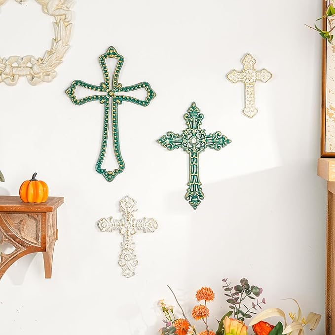 Sungmor 4PC Heavy & Sturdy Embossed Cast Iron Cross Decor for Wall, Beautiful Vintage Decorative Hanging Crosses Wall Decor, Distressed White & Green Religious Wall Sculptures Metal Wall Arts Crosses