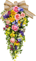 24 Inch Pre-lit Spring Summer Teardrop Swag for Front Door Battery Operated with Timer Rustic Country Decor with Roses Daisies Wildflower Burlap & Lace Bow for Farmhouse Home Decor