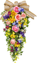 24 Inch Pre-lit Spring Summer Teardrop Swag for Front Door Battery Operated with Timer Rustic Country Decor with Roses Daisies Wildflower Burlap & Lace Bow for Farmhouse Home Decor