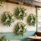 8 Pcs Small Eucalyptus Wreaths Spring Summer Artificial Green Wreath with White Berries Mini Green Kitchen Cabinet Wreaths with Ribbon for Front Door Porch Wall Window Farmhouse Decoration
