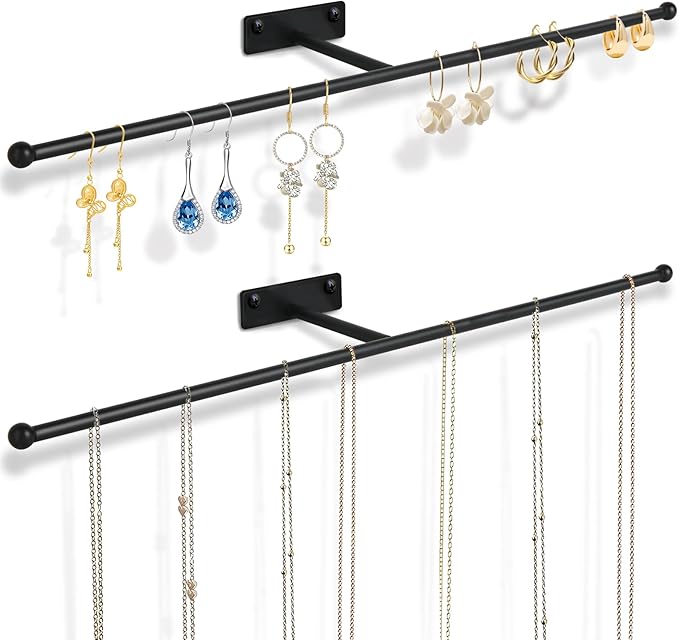 2 Pack Wall Jewelry Organizer, 14.5'' Necklace Holder for Hanging Earring, Ring, Bracelet, Hairband, Glasses Storage, Decorative Space-Saving Jewelry Display-Black