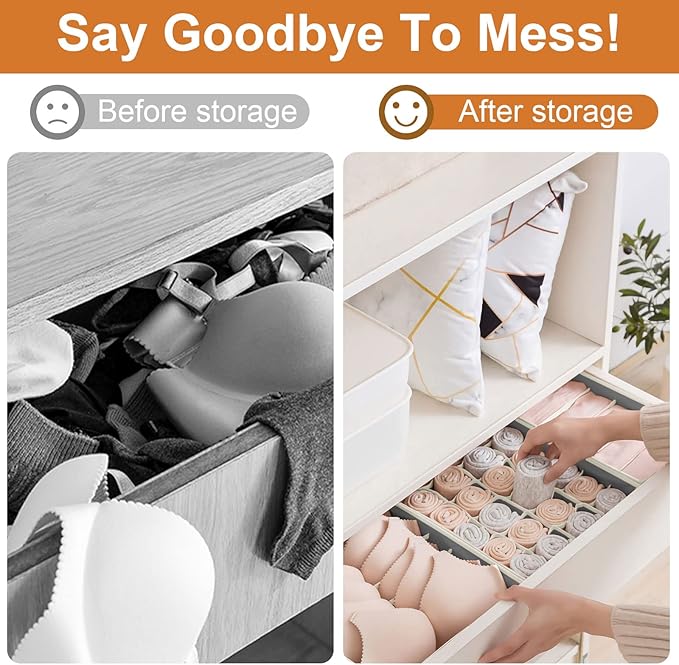 6 Pack Drawer Underwear Organizer, 59-Compartment Foldable Sock Bra Drawer Organizer Divider Fabric Dresser Closet Organizers and Storage Box for Storing Bra, Socks, Baby Clothes, Panty, Scarf, Ties