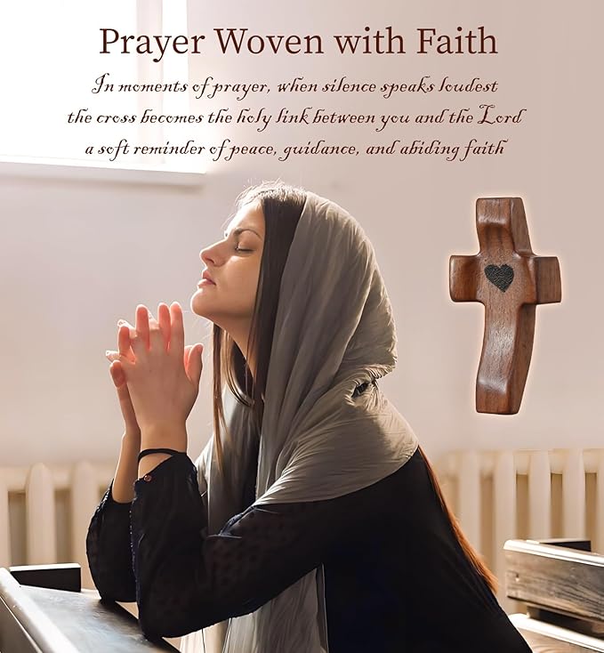 50Pcs Wooden Cross Bulk Worry Cross with Organza Gift Bags Handcrafted Solid Walnut Pocket Cross My Heart Prayer Stress Relief Christian Faith Encouragement Gifts for Church Easter Religious Sharing
