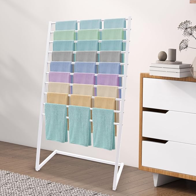 Scarf Display Stand, 10 Tier Metal Scarf Holder Organizer, Freestanding Scarf Rack, for Hanging Towels, Scarves, Clothes, Shawls, Blankets, Bandana, for Commercial Clothing Retail Store (White)