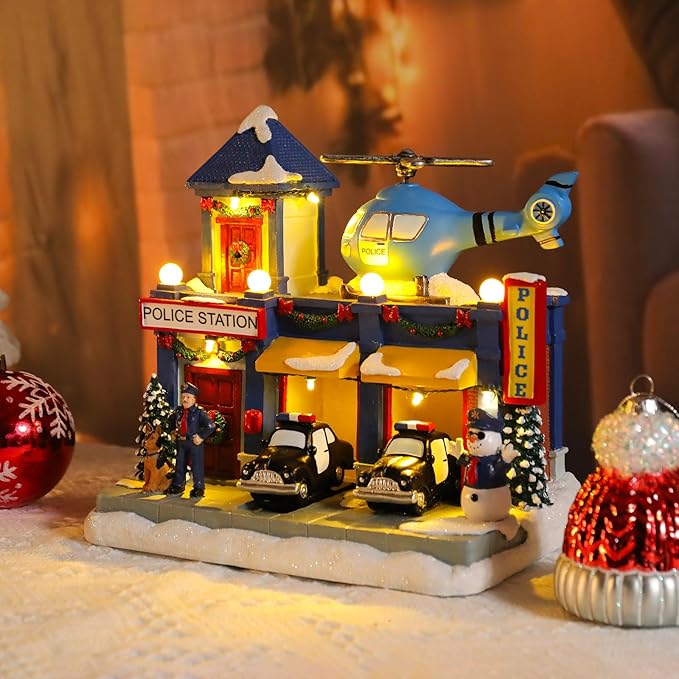 WONDER GARDEN Christmas Village Houses-Christmas Houses Village - Lighted Musical Police Station Collectible Buildings with Moving Car and Helicopter for Home Indoor Decor or Gift