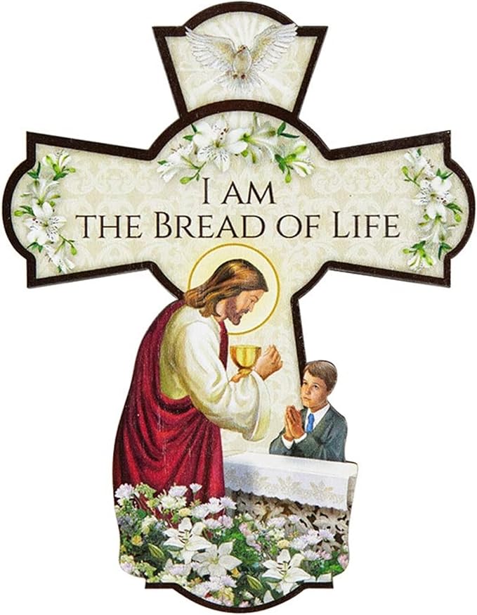 Needzo First Communion Wall Cross, I am the Bread of Life Hanging Decoration for Bedroom, Eucharist Keepsake and Catholic Gifts for Boys, 6 Inches