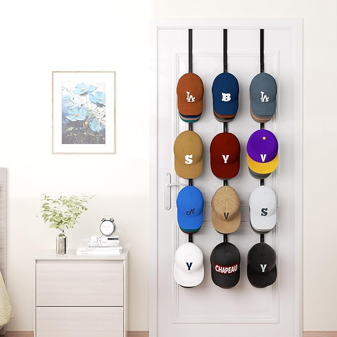 HapiRm Over Door Hat Rack - 3 Packs Hat Organizer with 12 Hooks Design, Hanging Baseball Cap Organizer Storage Holds Up to 60 Caps for Door, Bedroom, Closet (Black)