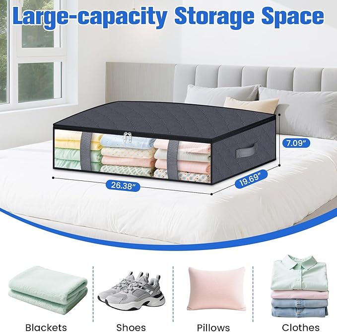 Under Bed Storage Containers, 4 Pack Blanket Storage Bags, Collapsible Storage Bags with Big Zippers, Clear Front, Shoe Storage and Organization for Clothes, Comforter, 60L, Grey