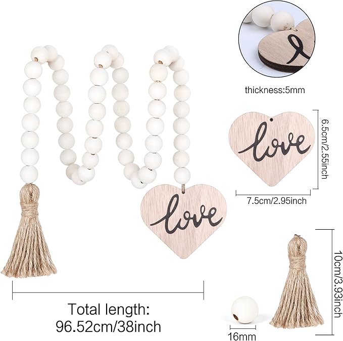 Meplait Love Wooden Bead Garland with Tassel, Decorative Beads Home Decor Farmhouse Tassel Garland Boho Decor for Tiered Tray（38in）