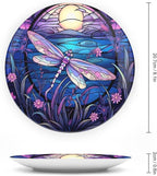 Decorative Plates for Home Decor, Bright Color Dragonfly Purple Stained Glass Print Decor Tray for Table Display, Ceramic Dinner Plate W/ Stand, Living Room Decor, Gifts for Dragonfly Lover, 8 Inch