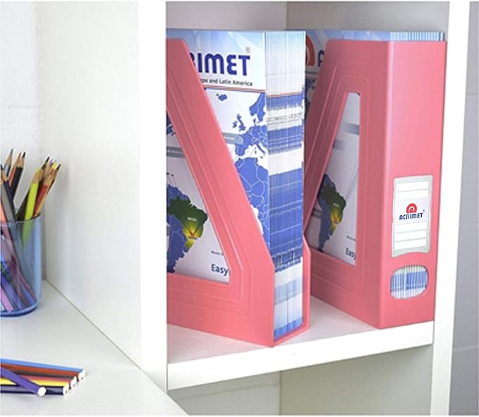 Acrimet Magazine File Holder Bin Storage, Vertical Rack for Documents, Folders and Mail, Durable Plastic Desk Organizer for Office & Home (Solid Pink Color) (2 Pack)