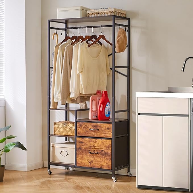 Clothes Rack, Heavy Duty Garment Rack for Hanging Clothes, Industrial Clothing Racks with Shelves, 2 Fabric Drawers, 4 Hooks, 1 Hanging Rods Rustic Brown YD-TM080H