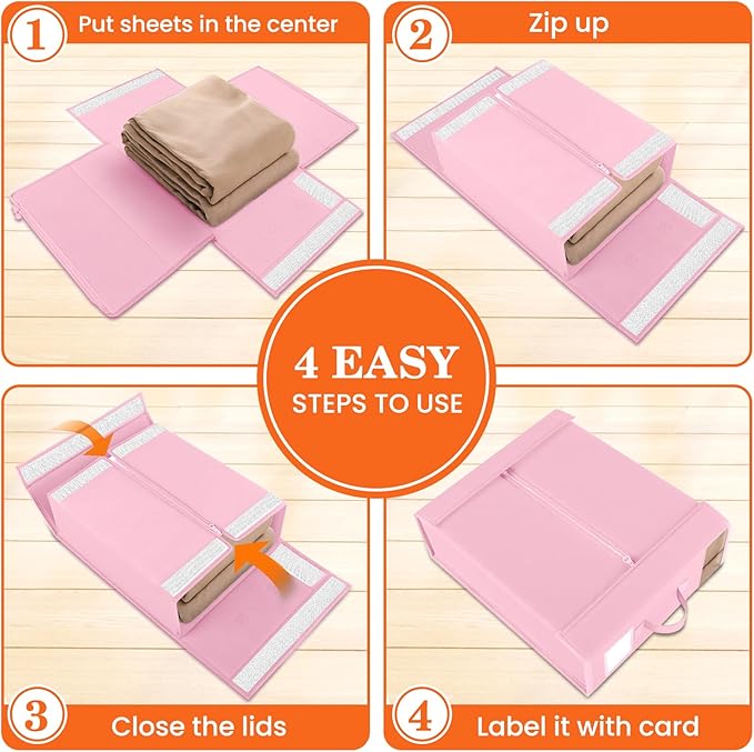 WOWBOX Sheet Organizers and Storage,Closet Bed Sheet Organizer Under Bed Storage and Organization with Label Cards & Clear Window for Bedding Sheets,Duvet Covers,Blankets (3 Pack，Pink)