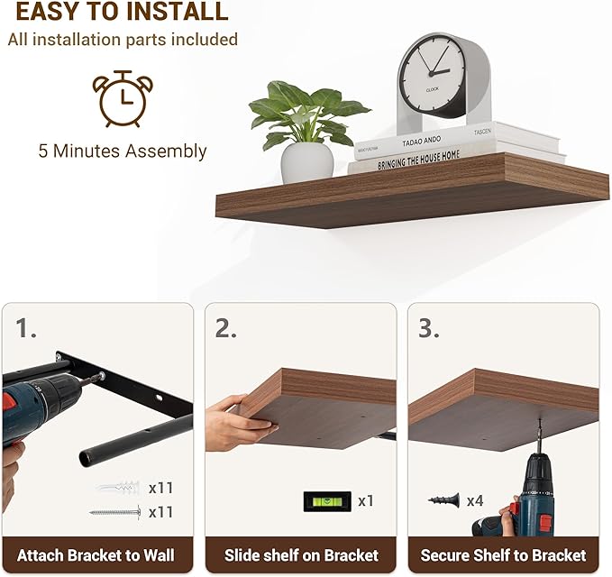 Acovy 55 Inch Floating Shelves, 55"x9.25"x1.5" Inch Deep Floating Shelves for Wall, Wooden Shelves for Bathroom, Bedroom, Living Room, Walnut,1 Piece