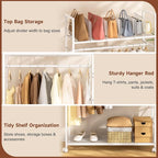 Portable Clothes Rack with Adjustable Shelf Divider, Freestanding Closet Organizers and Storage, Garment Rack and Purse Storage with 8 Hooks, Clothes Organizer on Wheels for Hanging Clothes, White