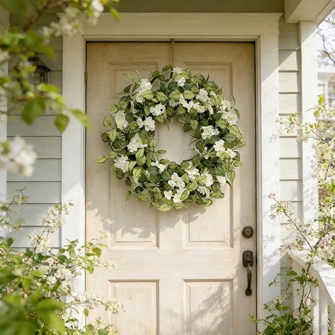 Jobflower 24 Inch Spring Wreaths for Front Door, All Seasons Summer Wreath with Fade-Resistant Greenery, Large Farmhouse Artificial Green Wreath for Outdoor Porch Wall Window Decor, Green