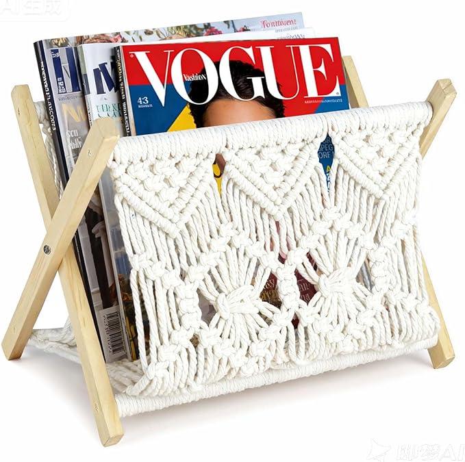 Boho Macrame Magazine Holder,Hand-Woven Magazine Rack for Home Office Desktop, Storage Basket for Letters, Magazines, Books and Newspapers (White)