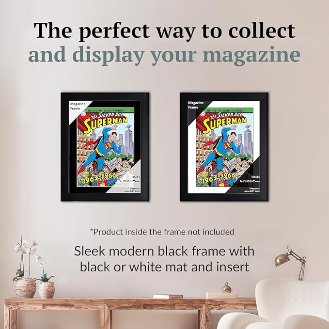 Creative Picture Frames 6.75 x 10.25 Magazine Comic Book Frame with Full-Strength Glass, Holds Up To A 1/4" Thick Media with Installed Hangers for Easy Mounting, 8x12 Black Frame with Black Mat