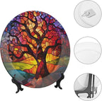 Stained Glass Theme Decorative Ceramic Plate Round Porcelain Plate,10 inch,Tree of Life Pattern,for Decorative Ornaments Giving Plates, 1 Plate with 1 Display Stand,Orange Purple